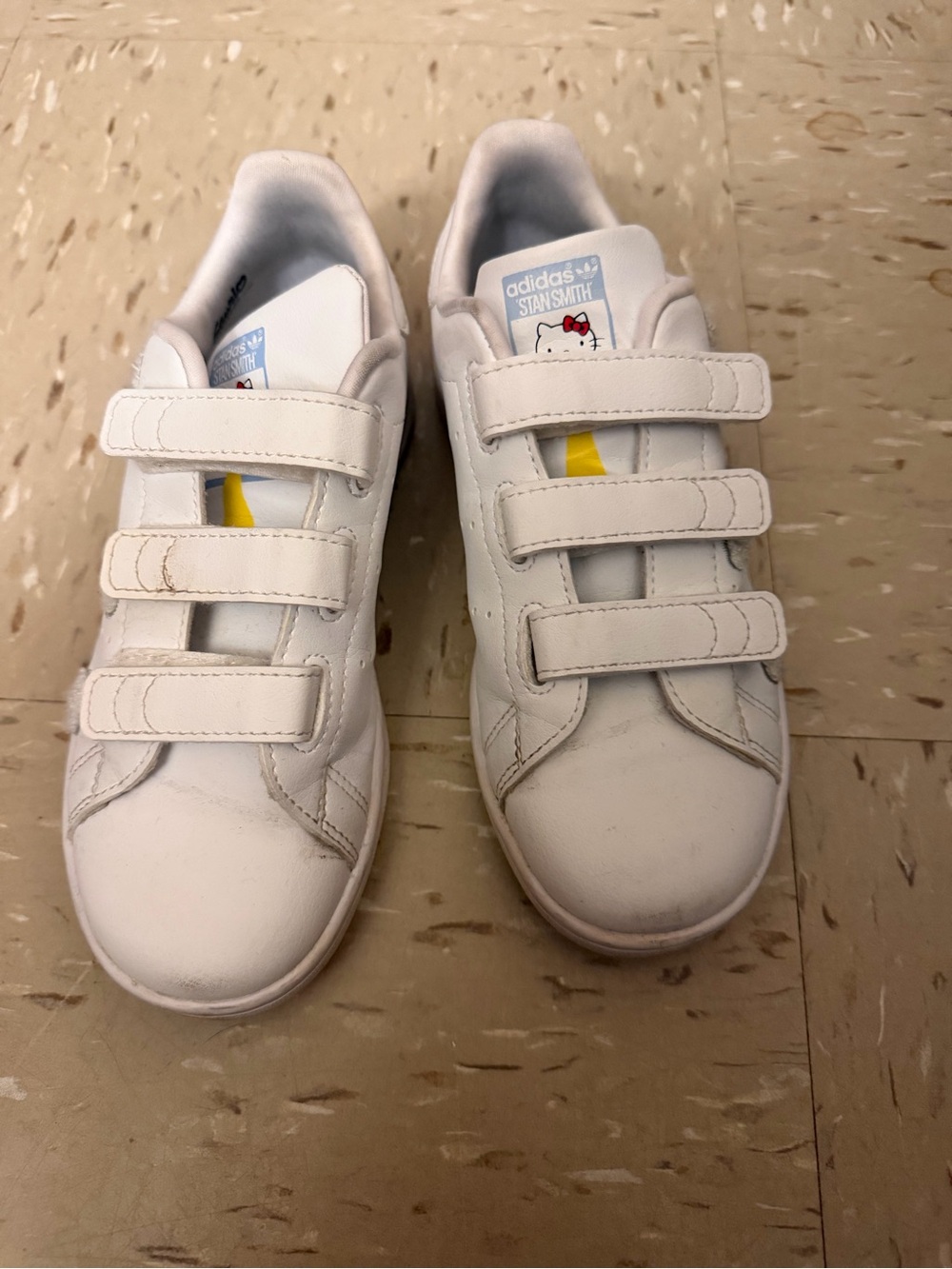 adidas Kids White Velcro Stan Smith Sneakers with Yellow Tongue Accent